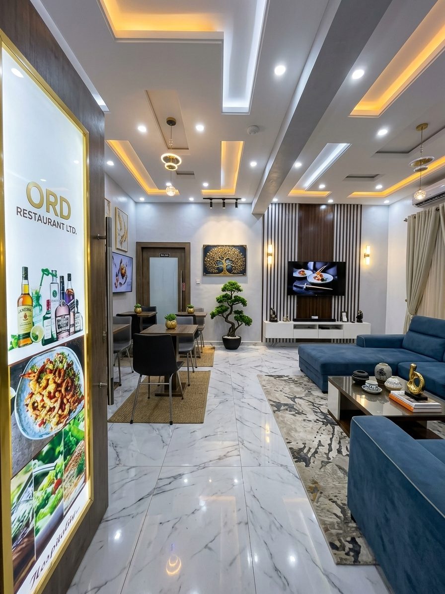 Guest lounge and restaurant with blue sectional sofa